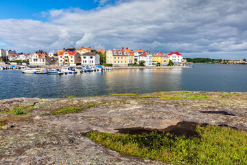 View on Karlskrona houses on Baltic sea coast, Sweden from Stakholmen island - 748752464