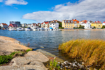 View on Karlskrona houses on Baltic sea coast, Sweden from Stakholmen island - obrazy, fototapety, plakaty
