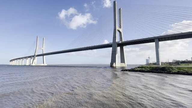 Vasco da Gama bridge, Ponte Vasco da Gama, cable-stayed with viaducts going across the Tagus river, sea of straw, in Parque das Na&ccedil;&otilde;es, Lisbon, Lisboa, Portugal. Longest bridge in Europe