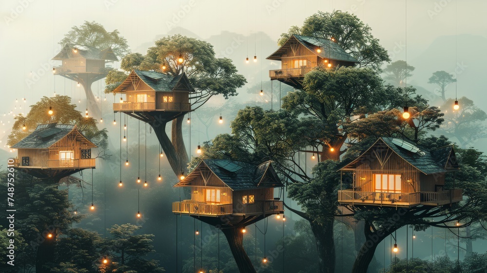 Poster a network of treehouses connected by blockchain vines, illustrating community and connectivity.