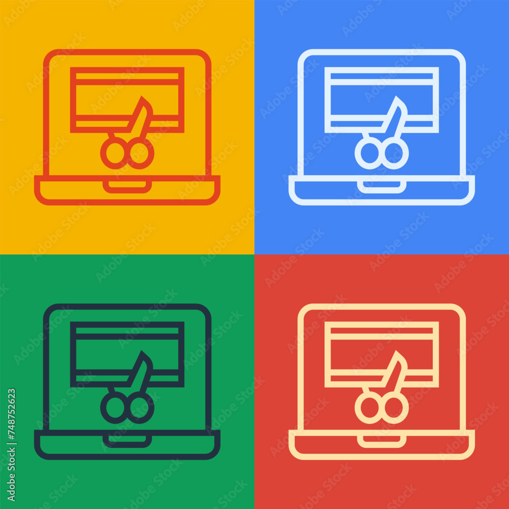 Aufkleber pop art line video recorder or editor software on laptop icon isolated on color background. video ed