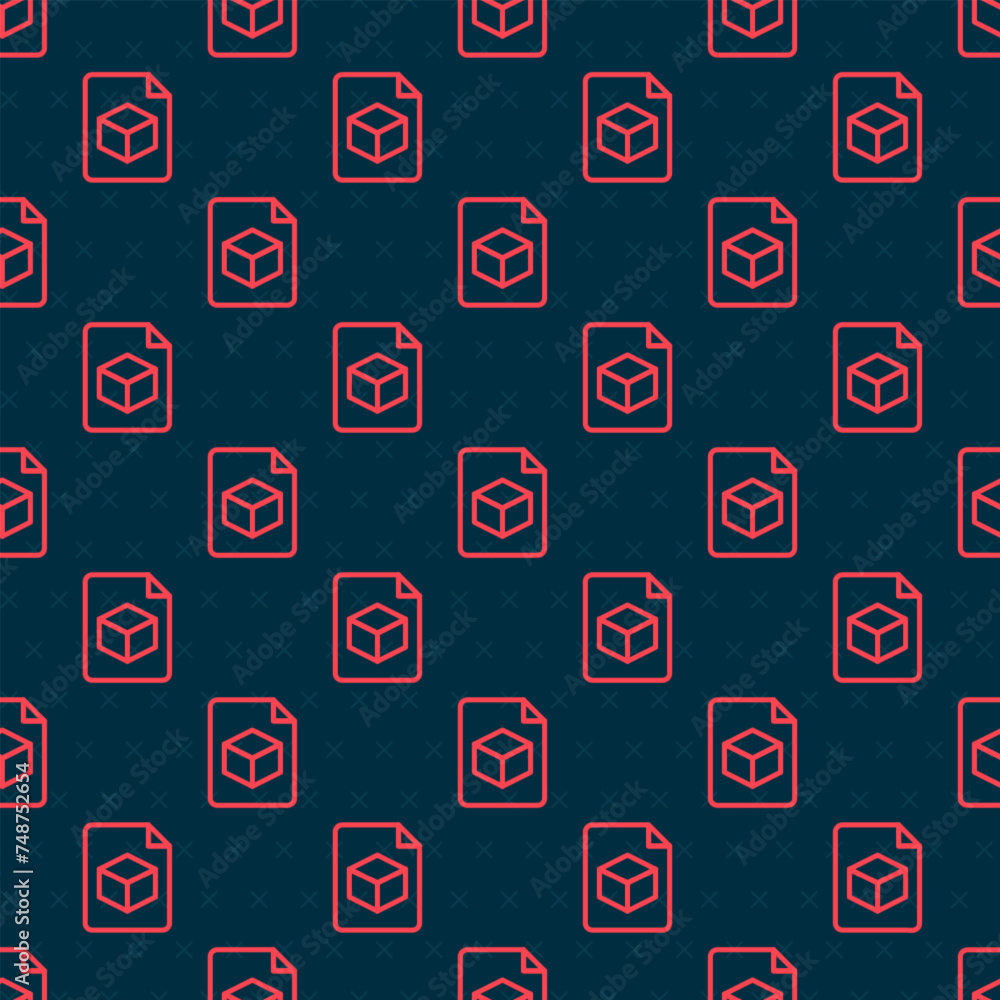 Poster red line isometric cube file icon isolated seamless pattern on black background. geometric cubes sol