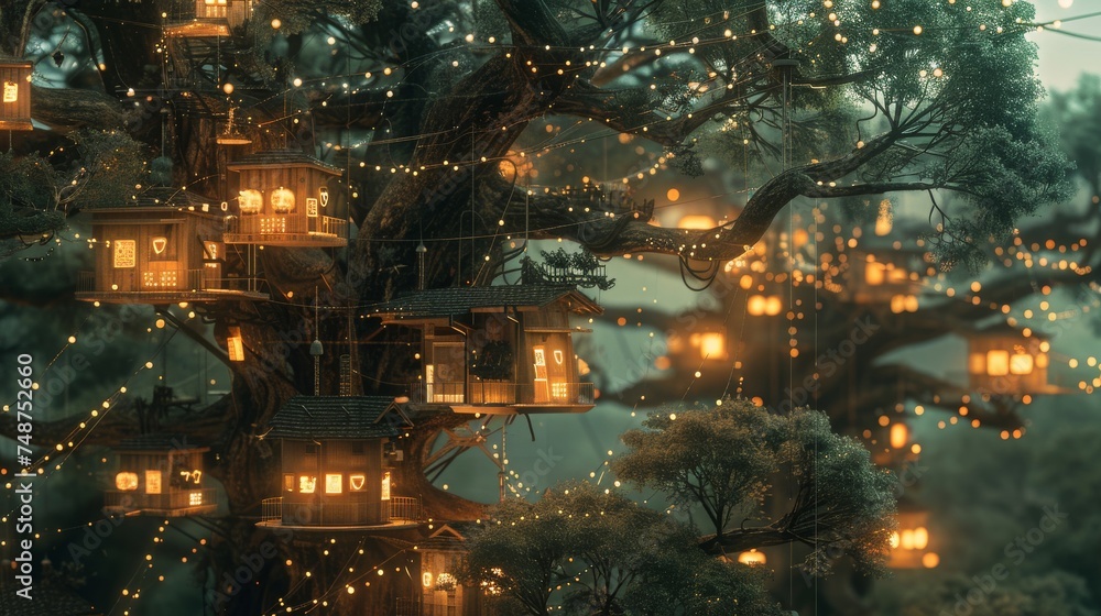 Aufkleber a network of treehouses connected by blockchain vines, illustrating community and connectivity.