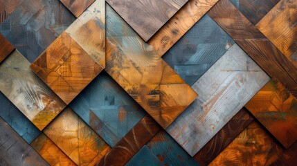 Abstract wooden chevron pattern with a blend of blue, brown, and orange hues.