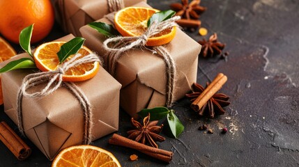 Handcrafted gifts wrapped in brown paper with oranges and spices on a dark surface.