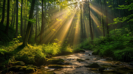 Beautiful morning in the forest, refreshing environment, peace, tranquility, sun rays