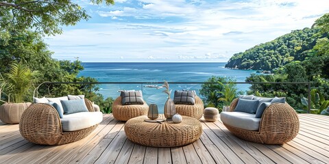 Luxury woven rattan furniture overlooking the tropical ocean from a serene deck - obrazy, fototapety, plakaty
