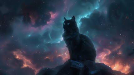 A celestial feline perched atop ruins