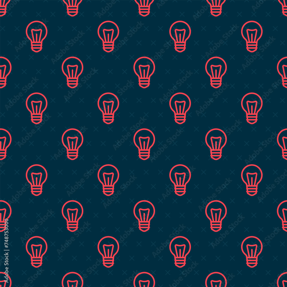 Poster red line light bulb with concept of idea icon isolated seamless pattern on black background. energy 