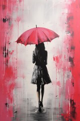 Lonely girl walking in the rain with a colorful umbrella, seen from behind on a gloomy day