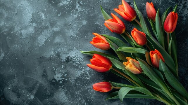 Vibrant red tulips on dark background