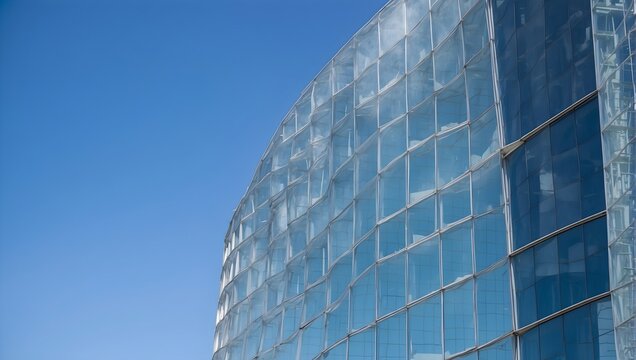 Skyward view of a contemporary office skyscraper against a clear blue sky, emphasizing glass exteriors and symbolizing economic growth Generative AI