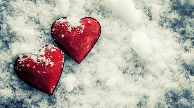 Two red hearts on a snowy background, symbolizing love and winter romance.