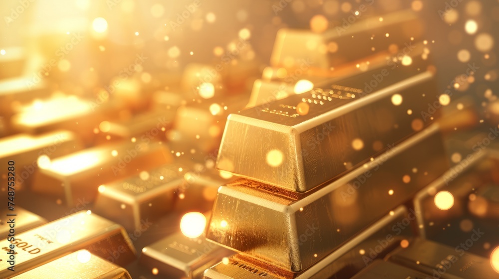 Poster rendering shiny gold bars stacked in bokeh background with copy space,
