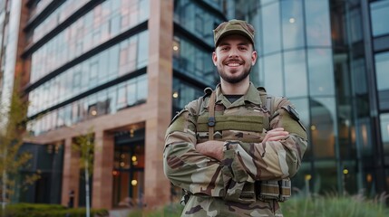 confident military professional in camouflage uniform, arms crossed with pride at army building