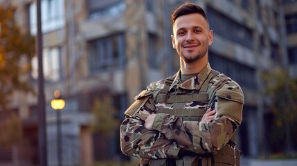 proud soldier in uniform with crossed arms, exuding confidence and security at government agency