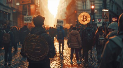 A scene showing a peaceful protest advocating for fair crypto regulations. - obrazy, fototapety, plakaty