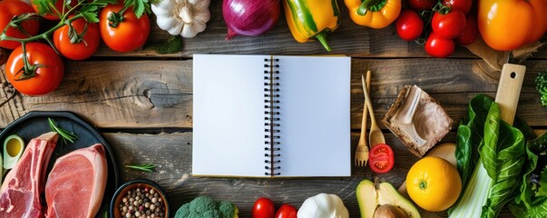Notepad surrounded by fresh food and vegetables.