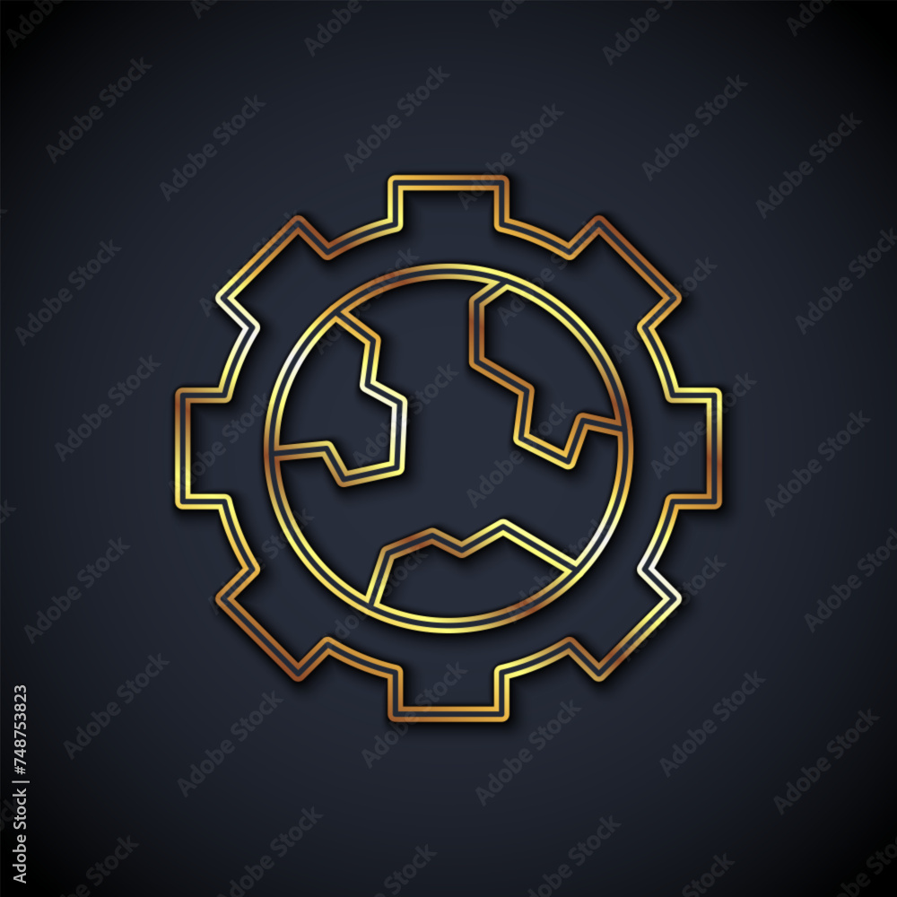 Aufkleber gold line globe of the earth and gear or cog icon isolated on black background. setting parameters. 