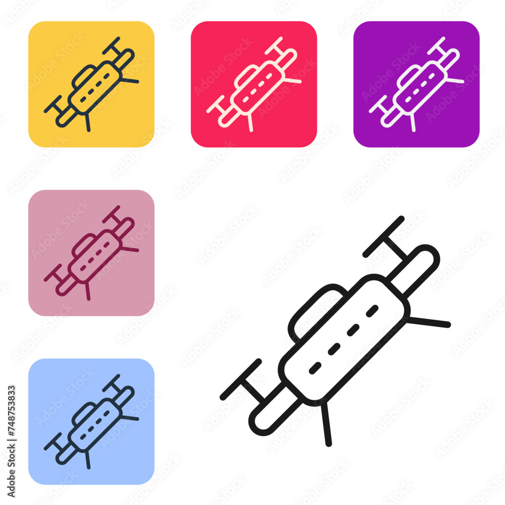 Aufkleber black line drone flying icon isolated on white background. quadrocopter with video and photo camera 
