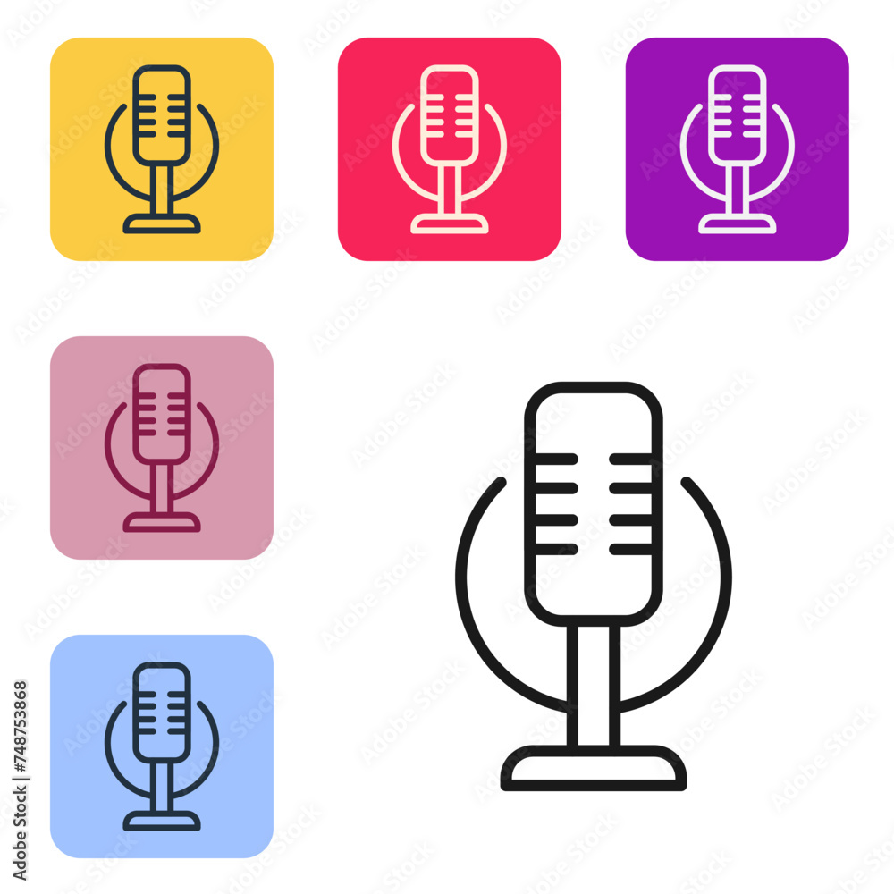 Poster black line microphone icon isolated on white background. on air radio mic microphone. speaker sign. 