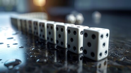A series of dominoes with regulatory symbols, showing the cascading effect of new laws.