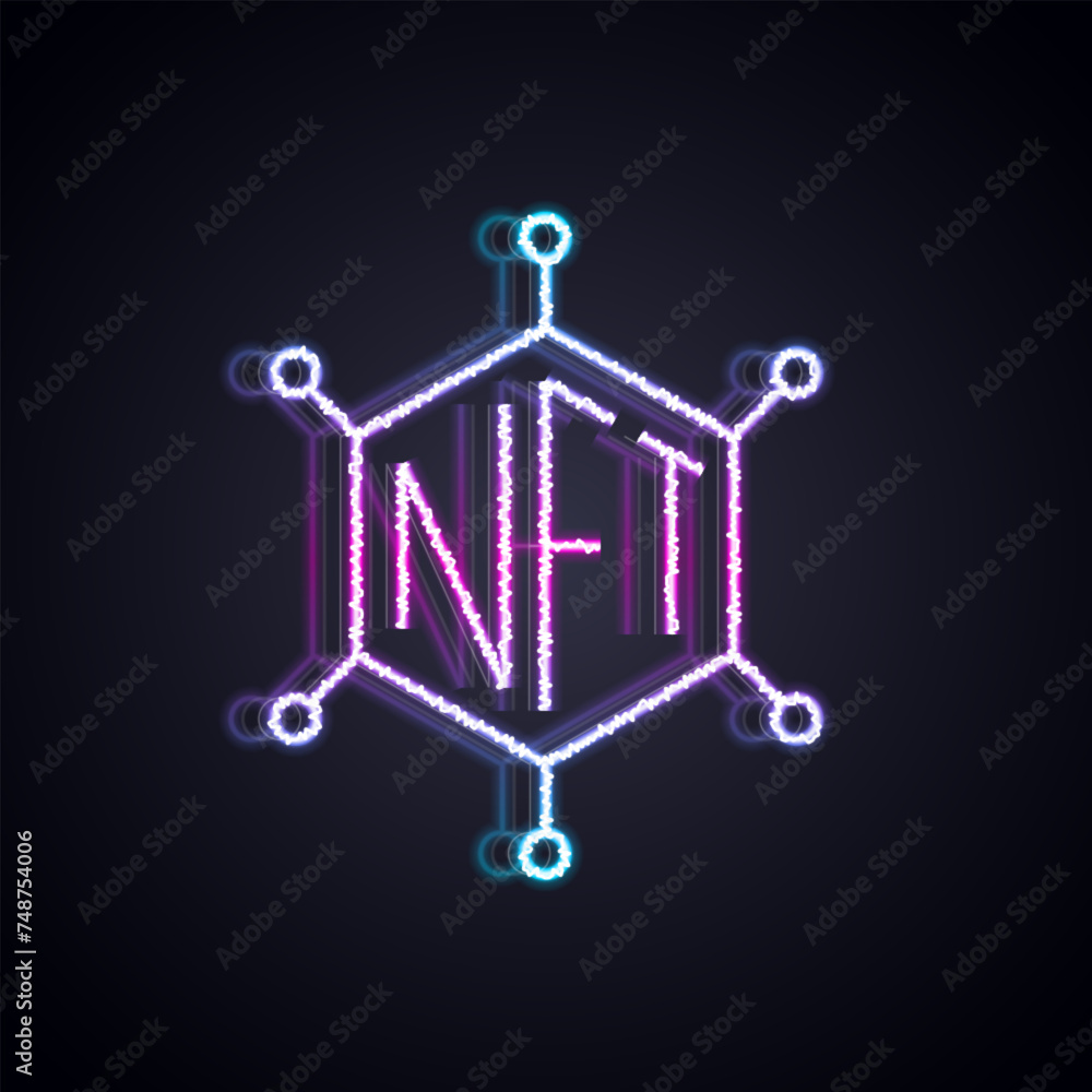 Poster glowing neon line nft blockchain technology icon isolated on black background. non fungible token. d