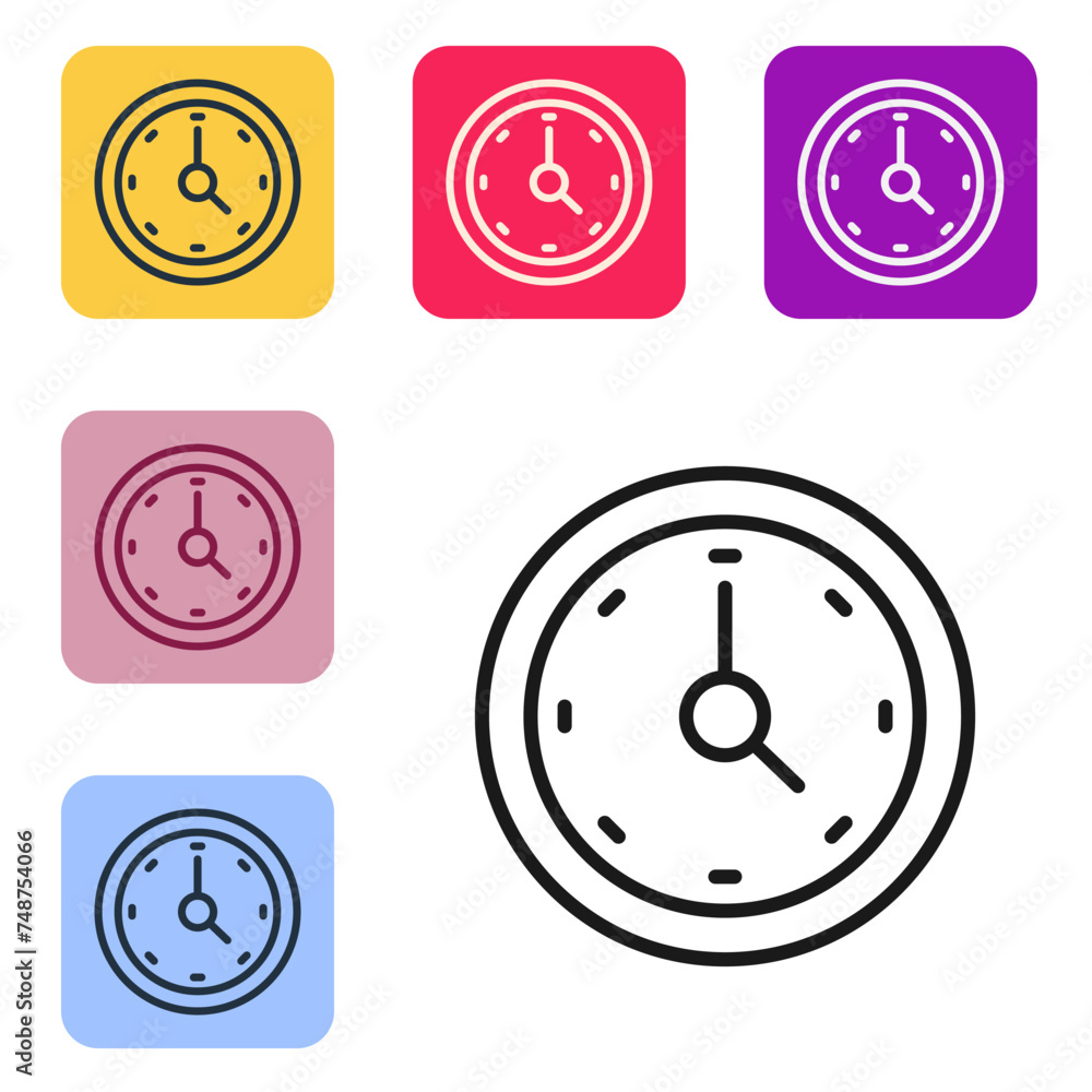 Poster black line clock icon isolated on white background. time symbol. set icons in color square buttons. 