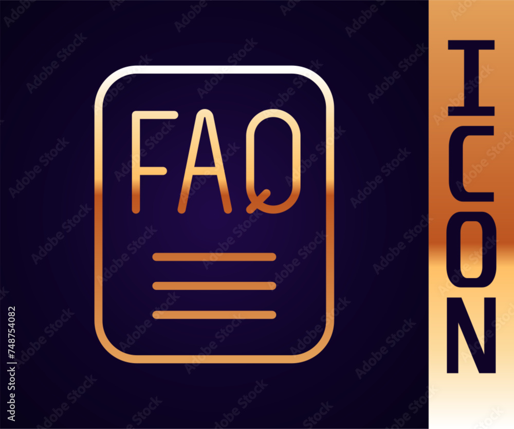 Poster gold line speech bubble with text faq information icon isolated on black background. circle button w