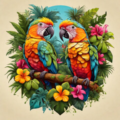 Tshirt design of exotic parrots and flowers