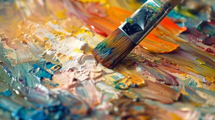 Artist brush mixed color oil painting on palette. Macro artist's palette. Palette with paintbrush. Artist paints a picture of oil paints.