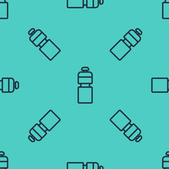 Black line Fitness shaker icon isolated seamless pattern on green background. Sports shaker bottle with lid for water and protein cocktails. Vector