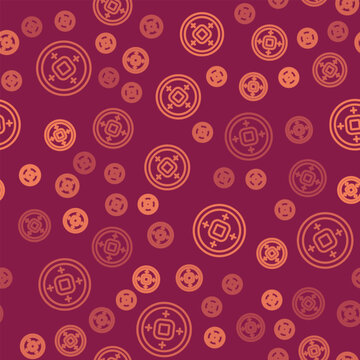 Brown line Chinese Yuan currency symbol icon isolated seamless pattern on red background. Coin money. Banking currency sign. Cash symbol. Vector
