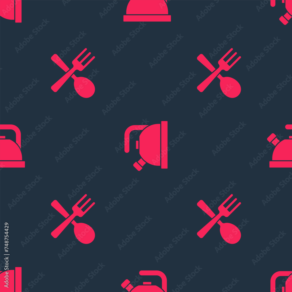 Poster set crossed fork and spoon and kettle with handle on seamless pattern. vector