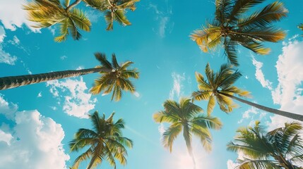Blue Sky and Palm Tree. Beach, Summer, Vacation, Travel, Tropical, Sea, Holiday, Island, Cloud, Day
