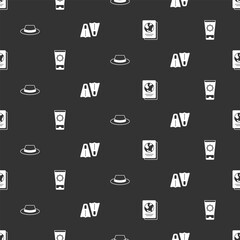 Set Passport, Sunscreen cream in tube, Man hat with ribbon and Rubber flippers for swimming on seamless pattern. Vector