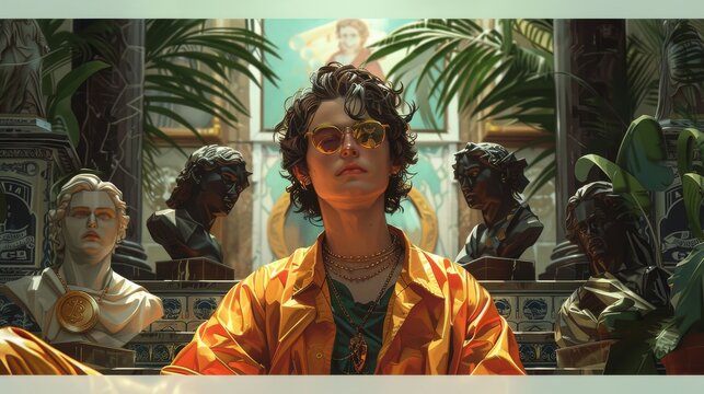 A stylized portrait of an NFT collector surrounded by their prized virtual assets, from digital sculptures to rare crypto art pieces.