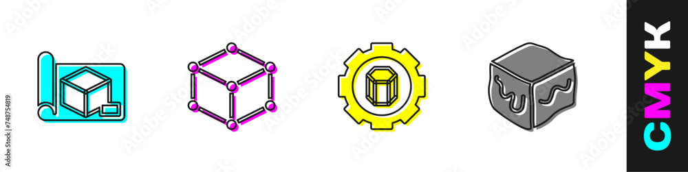 Poster set graphing paper for engineering, isometric cube, 3d printer setting and icon. vector