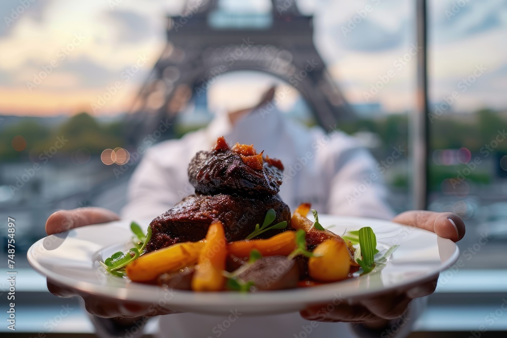 Wall mural Savoring Tradition: Chef Presents a Luxurious Plate of Boeuf Bourguignon, Inviting Diners to Experience the Essence of French Culinary Heritage in Paris. - Wall murals
