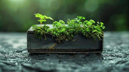 A traditional wallet morphing into a digital wallet with green plants growing out of it. - obrazy, fototapety, plakaty