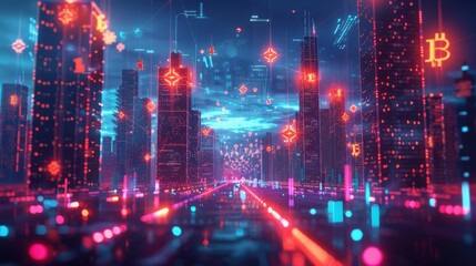 A vibrant cityscape at dusk, with buildings illuminated by glowing crypto symbols, representing a society fully integrated with digital currency. - obrazy, fototapety, plakaty
