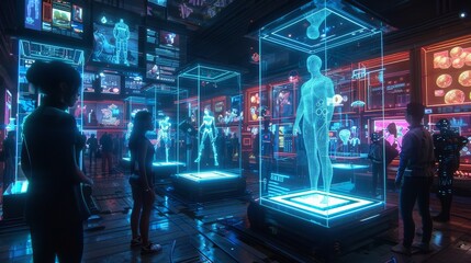 A virtual auction house, filled with animated bidders, where iconic digital collectibles are displayed on holographic platforms.