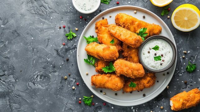 Crumbed fish sticks served with garlic dip sauce on a white plate on a stone table. Top view with copy space.