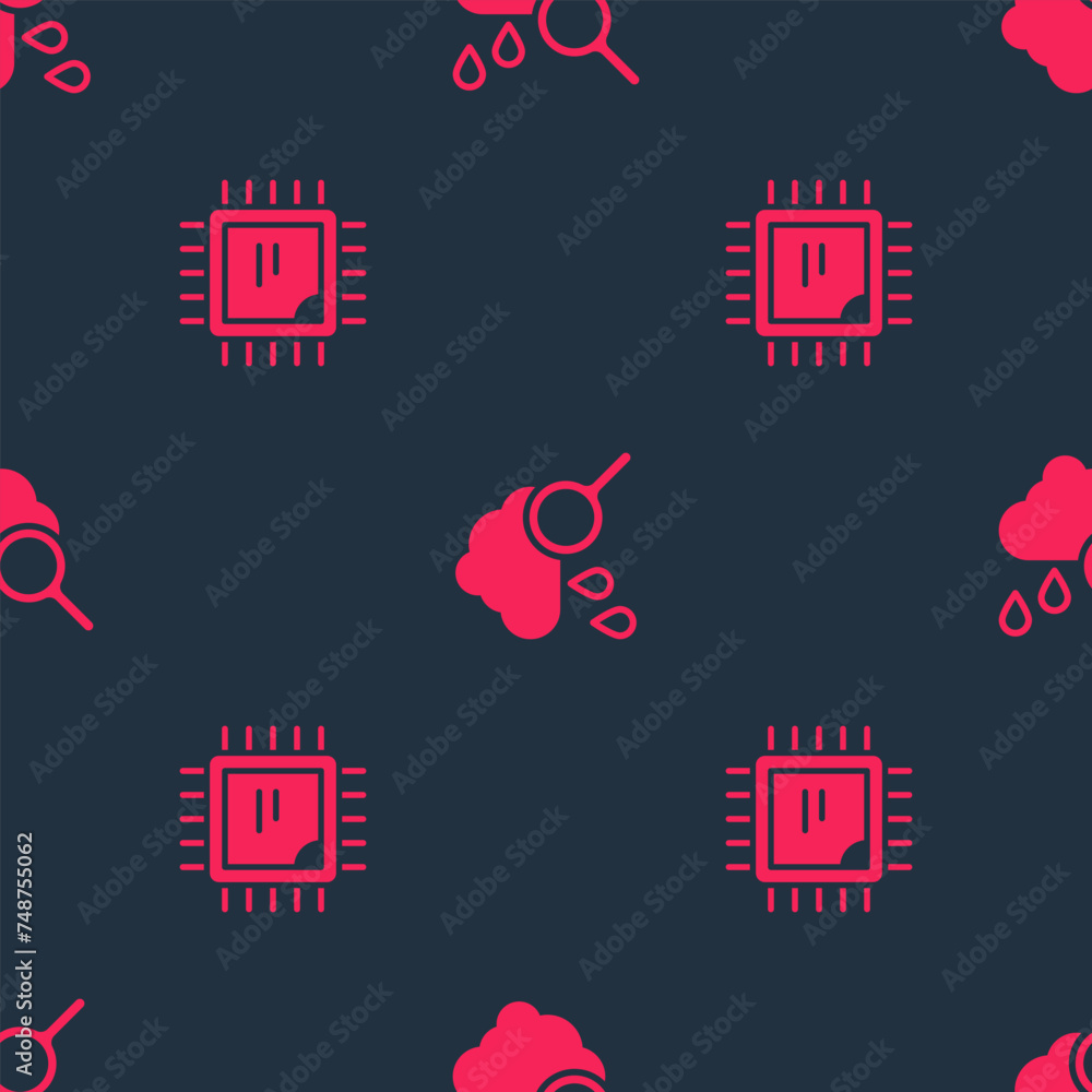 Aufkleber set processor cpu and cloud with rain on seamless pattern. vector