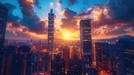 Night skyscraper city landscape with lights on and sunset. Generative AI. - obrazy, fototapety, plakaty