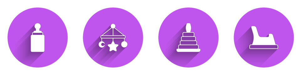Set Baby bottle, crib hanging toys, Pyramid and potty icon with long shadow. Vector