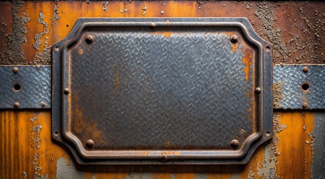 A weathered metal hatch with diamond plate texture on a rusty orange industrial background, depicting decay and durability.