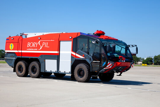 Kiev, Ukraine - June 27, 2020: Red fire truck Rosenbauer Panther 5 in the international airport Boryspil.