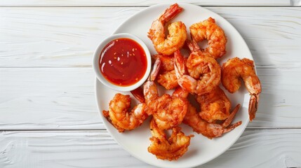 Fried shrimps tempura with sauce on white round plate on a white wooden surface, overhead view. From above, top view, flat lay.