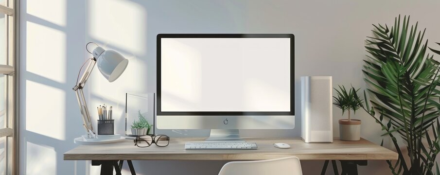 Blank screen desktop computer on white table with green plants on sides
